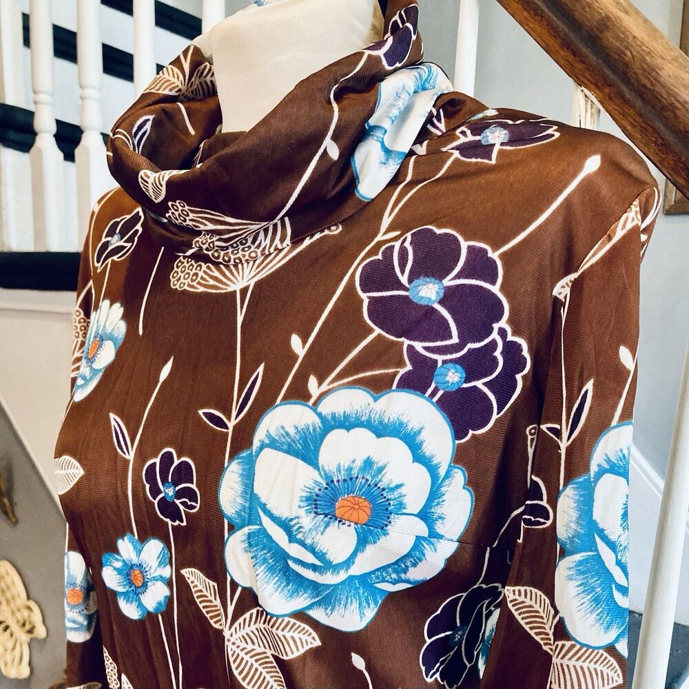 1970s Brown Floral Psychedelic Flower Power Disco Art Nouveau Cowl Neck Top - Picture 4 of 9